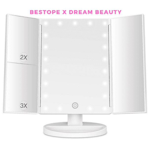 BESTOPE Trifold Makeup Vanity Mirror with Lights, 1X/2X/3X Magnification, 21 Led Lighted Mirror with Touch Screen Power,180° Adjustable Rotation,Dual Power Supply,Portable Trifold Mirror