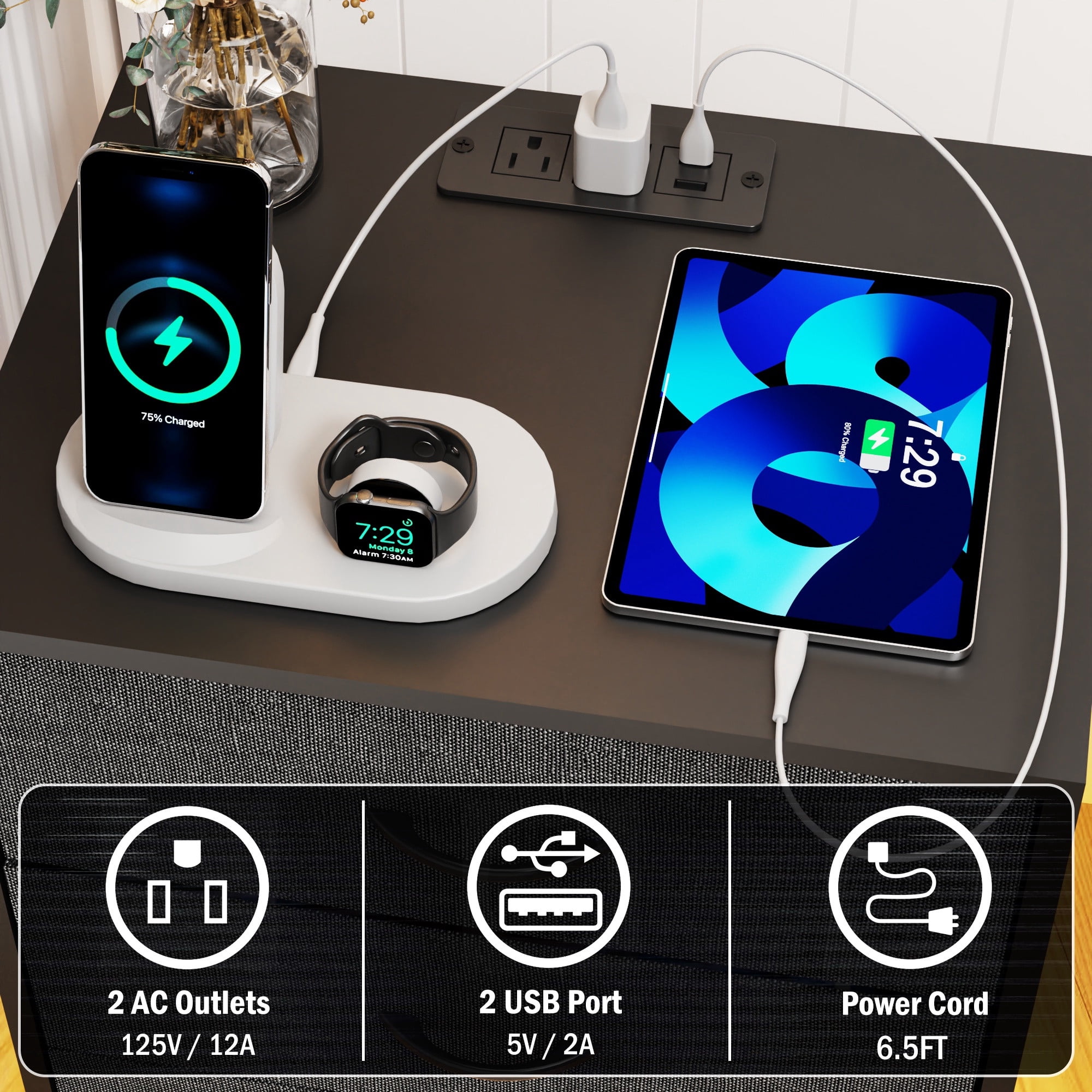 Nightstand Set of 2, Holaki Nightstand for Bedroom with Charging Station, Modern Nightstand with 3 Storage Drawer & 20 Colors LED Lights, Bedside Table for Living Room, Black