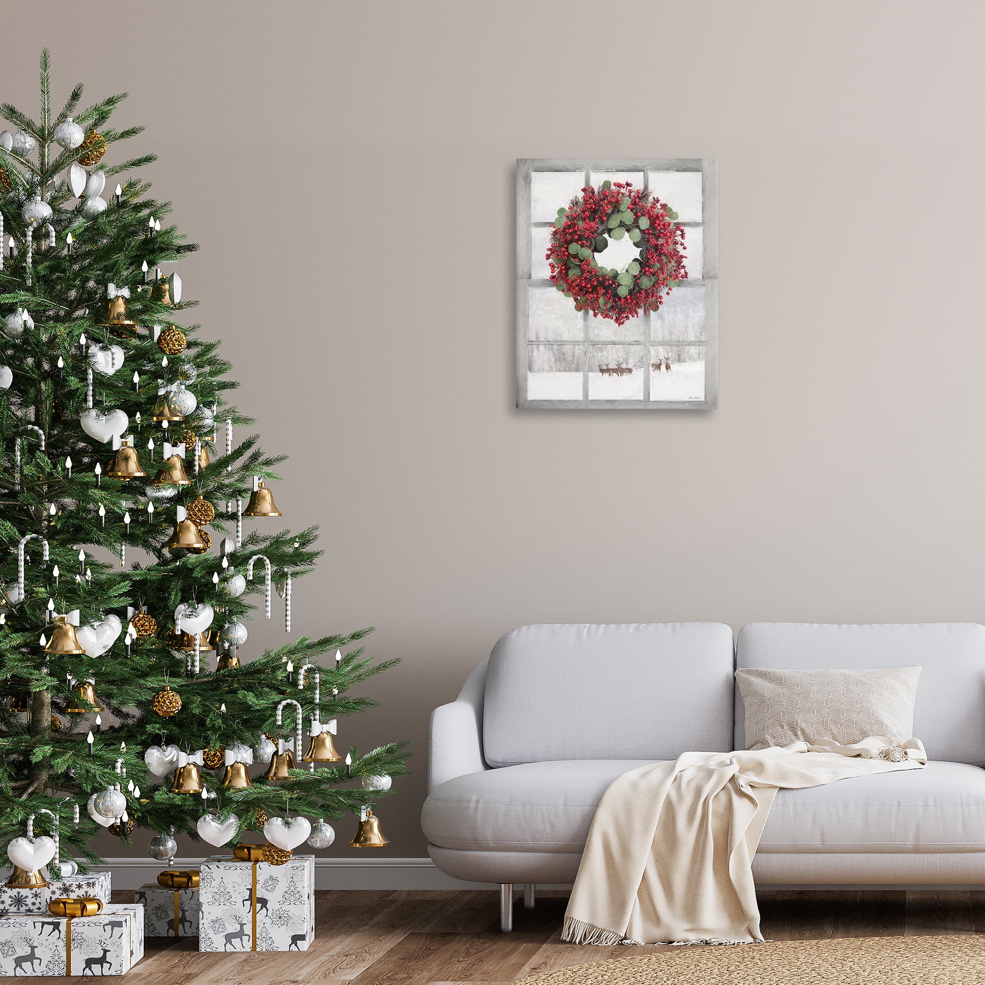 Stupell Industries Holly Wreath & Reindeer Holiday Painting Gallery Wrapped Canvas Art Print Wall Art, 24 x 30