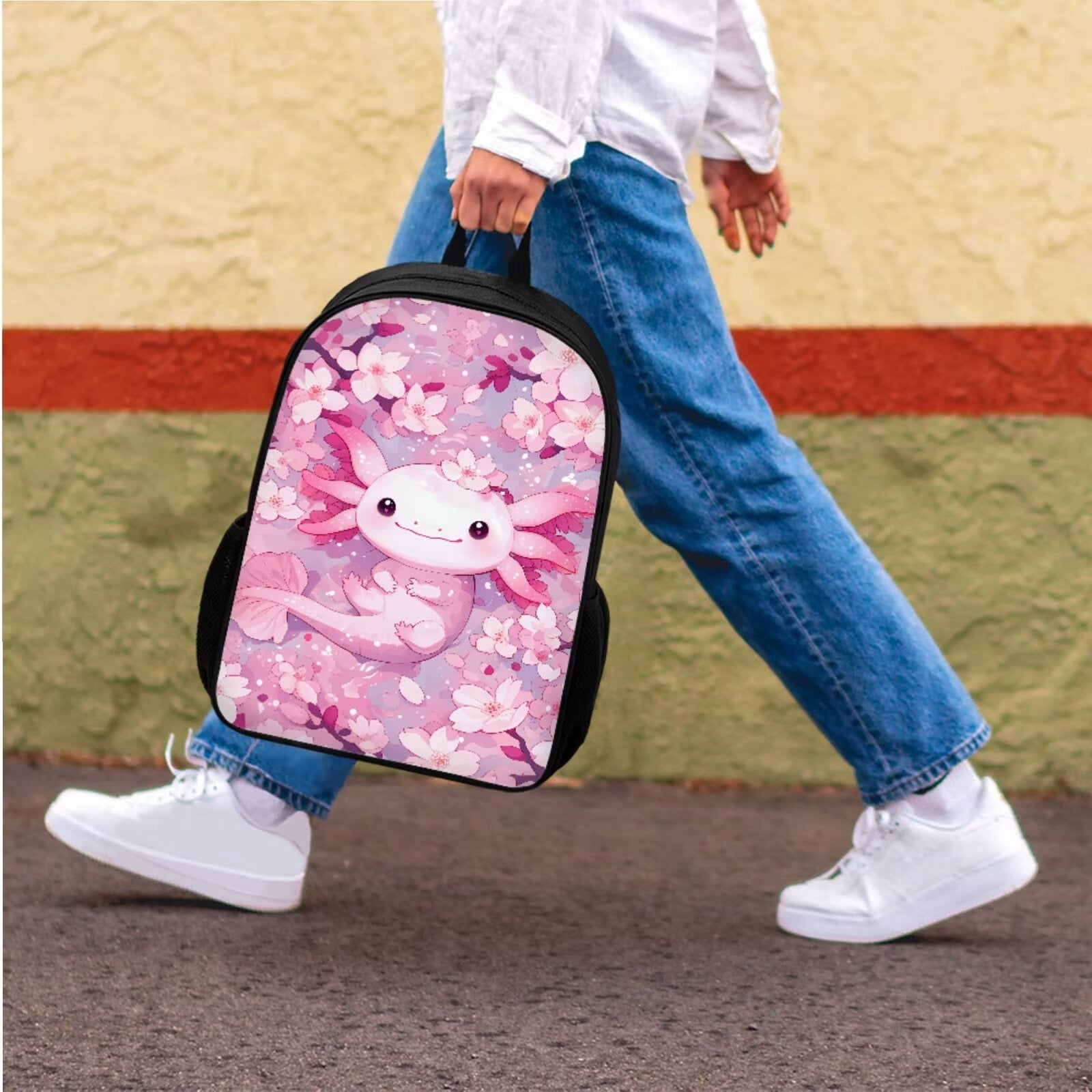 Binienty Axolotl Backpack With Lunch Box And Pencil Case for Girls Cherry Blossom Girls Bookbag Ages 6-8 Pink Schoolbag 17 Inch Kids Back to School Gifts