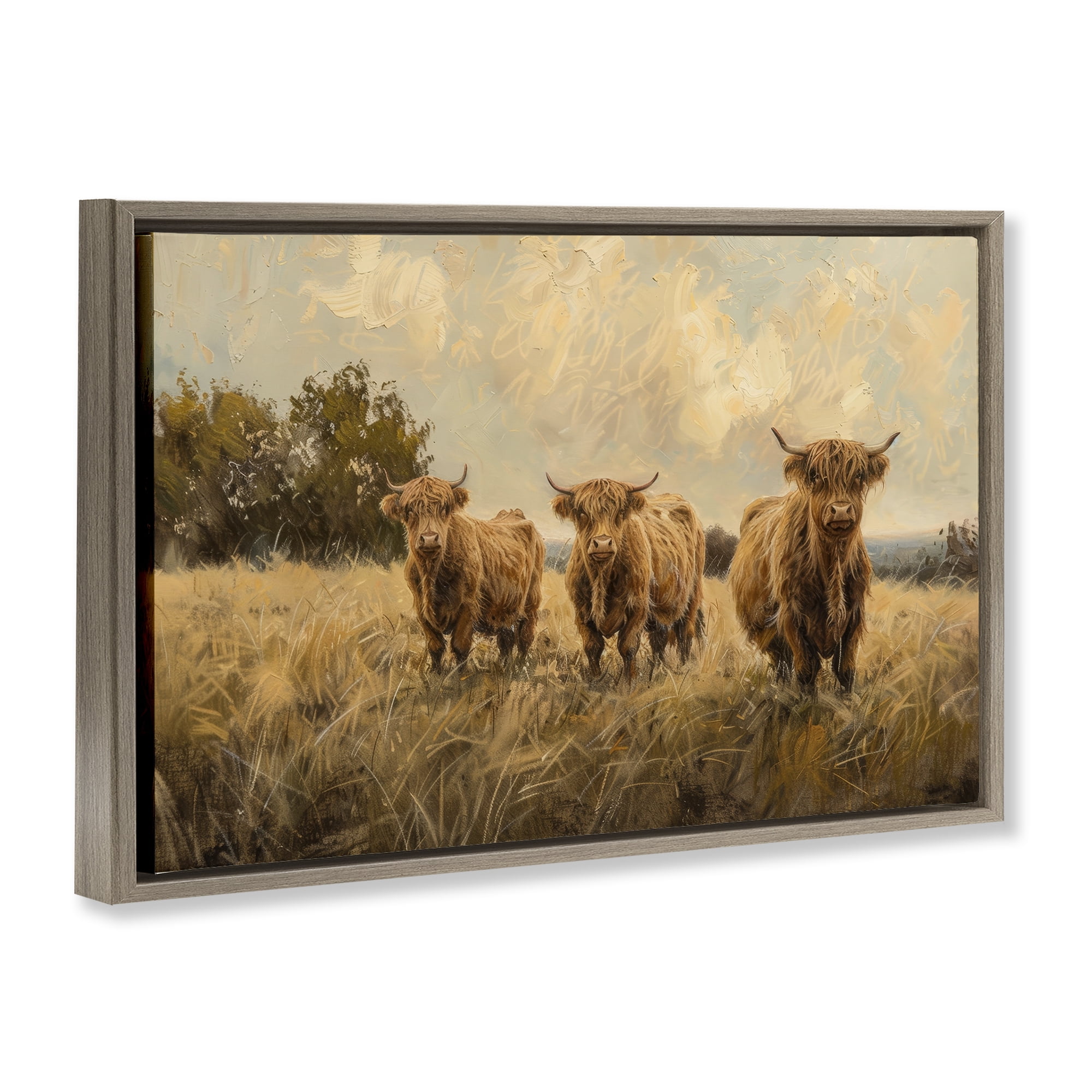 Stupell Industries Three's A Party Cattle Animals & Insects Painting Brown Floater Framed Canvas Art Print Wall Art, 25 x 17