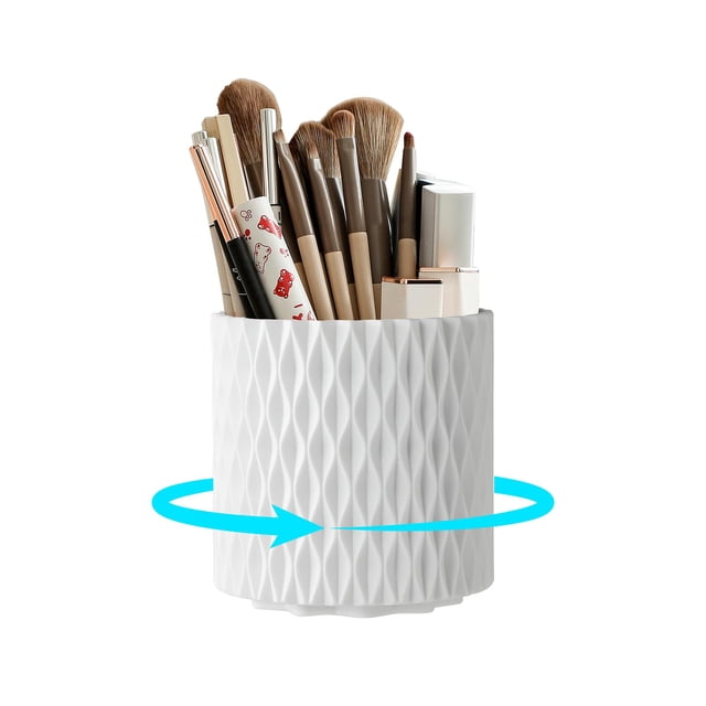 Imakmasion Organizador de brochas de maquillaje – Organizador de brochas de maquillaje giratorio 360 con 5 ranuras para brochas de maquillaje, taza para cosméticos, lápices labiales, tocador de baño,