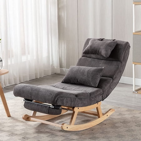Rocking Lounge Chair, Modern Accent Rocking Glide Chair with Large Back, Pull Out Pedal and Pillows, Upholstered Lie or Sleep Lazy Chair for Nursery, Living Room, Bedroom
