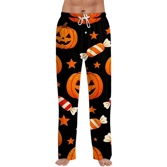 Domzest Halloween Pajama Pants Men Halloween Graphic Drawstring Elastic Waisted Pajama Bottoms Wide Leg Funny Sleepwear Black S