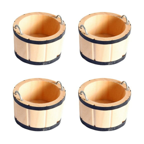 4 Pcs  Miniature Wooden Barrels Mini Wood Bucket Micro Landscape Props Photo Props