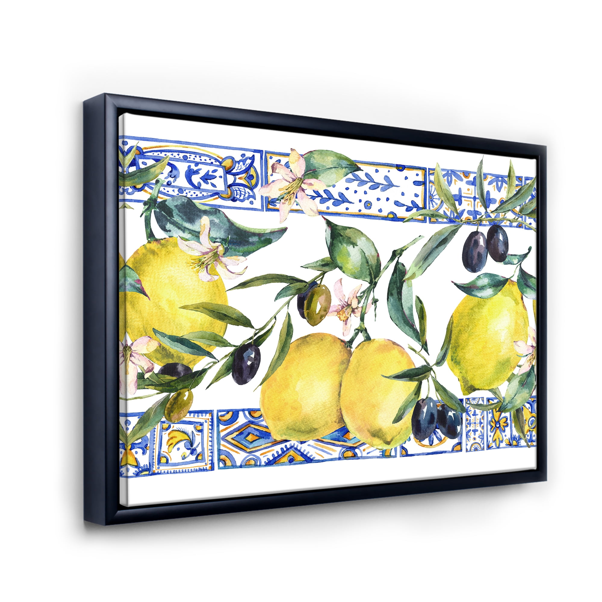 Designart 'Geometrical Pattern of Lemon Ornament On Blue II' Tropical Framed Canvas Wall Art Print
