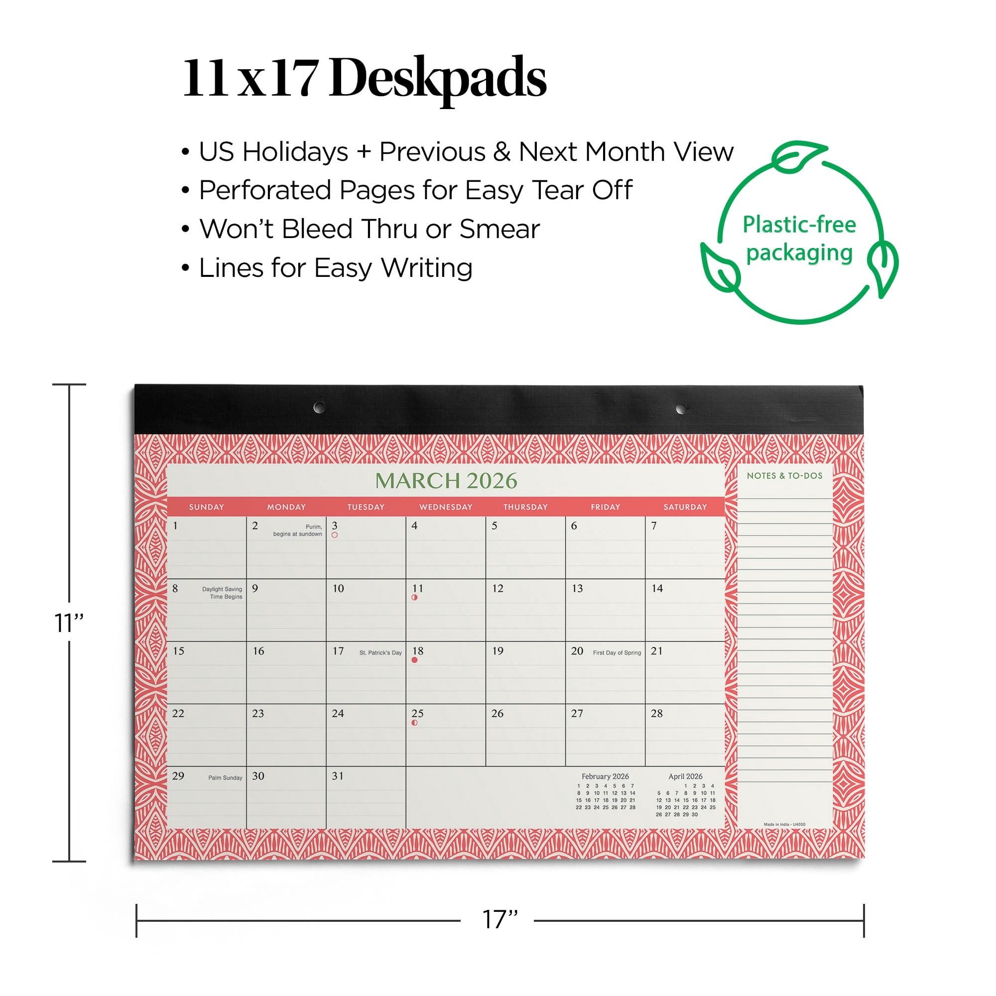 Pen+Gear Monthly Desk Pad (17"x11") Pattern Border 12 Month Jan 2026-Dec 2026