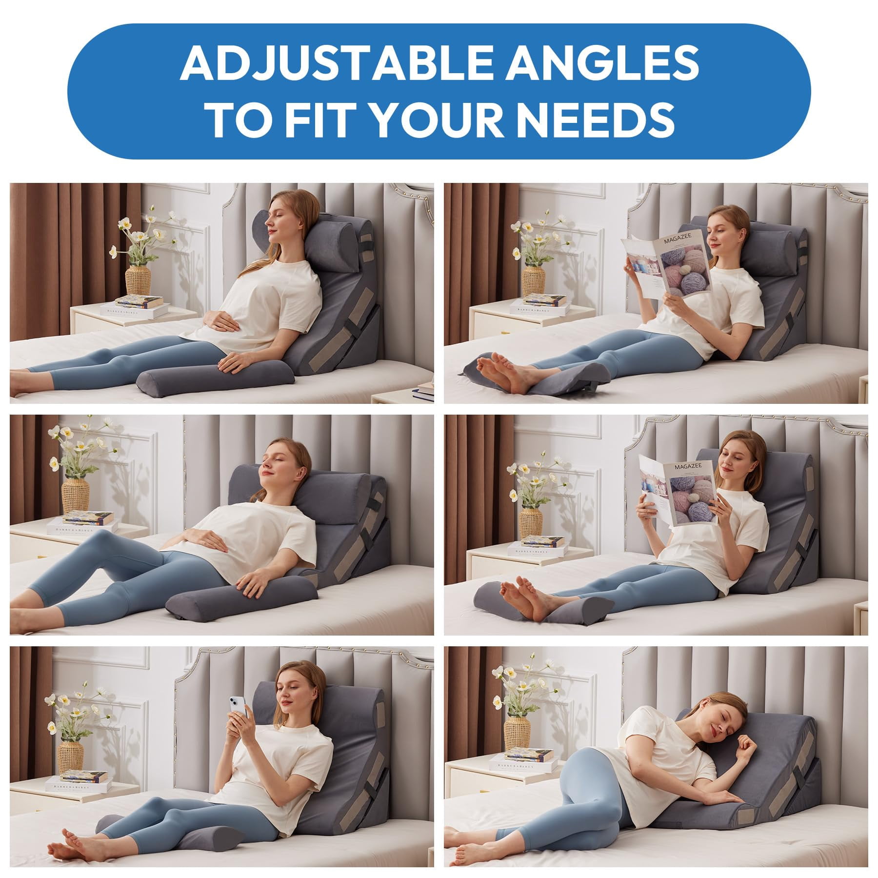 4pcs Wedge Pillow Set For After  Bed Sitting Up 10-in-1 Foam Acid Reflux & Plush Grey