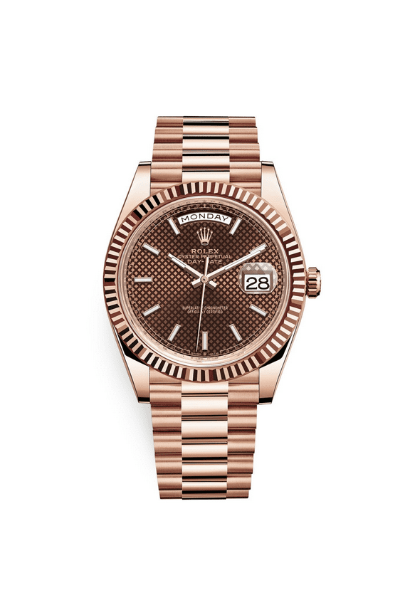 Pre-Owned Rolex Day-Date 40 Chocolate Diagonal Motif Dial & Fluted Bezel 18K Everose Gold President 228235