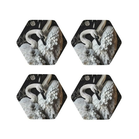 

Vsdgher Elegant Swans Black Background Leather Coasters for Drinks Durable Drink Coasters 4 Set for Tabletop Protection Luxurious Home Décor and Housewarming Gift-Hexagon