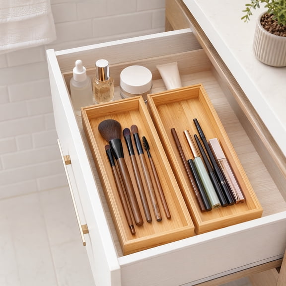 Bamboo Kitchen Drawer Organizer Boxes – 14" x 5" Stackable Wood Silverware Utensil Tray for Drawers Bins Cutlery & Flatware Storage – Wooden Pantry Organizers Set of 2 for Junk Drawer Bathroom Rv