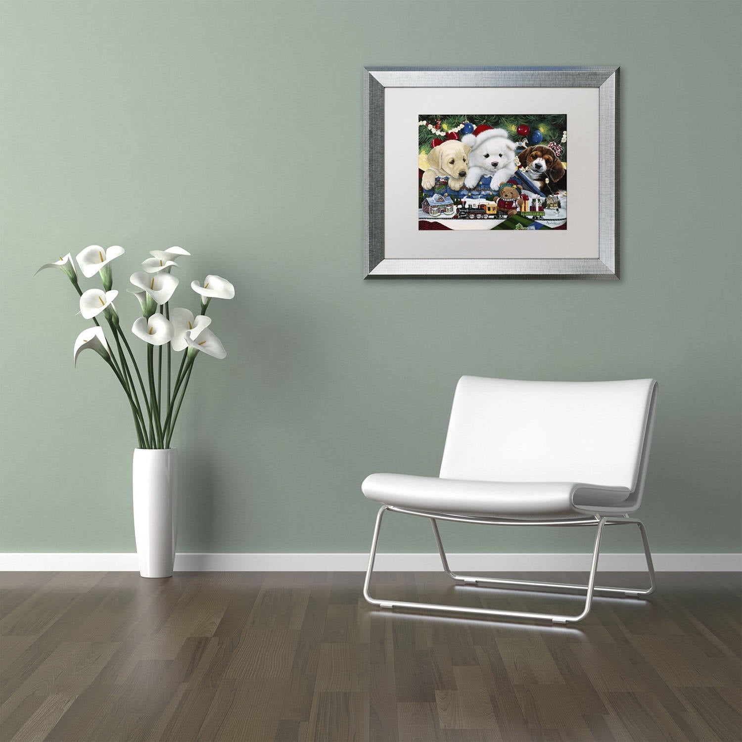 Trademark Fine Art 'Curious Christmas Pups' Canvas Art by Jenny Newland, White Matte, Silver Frame