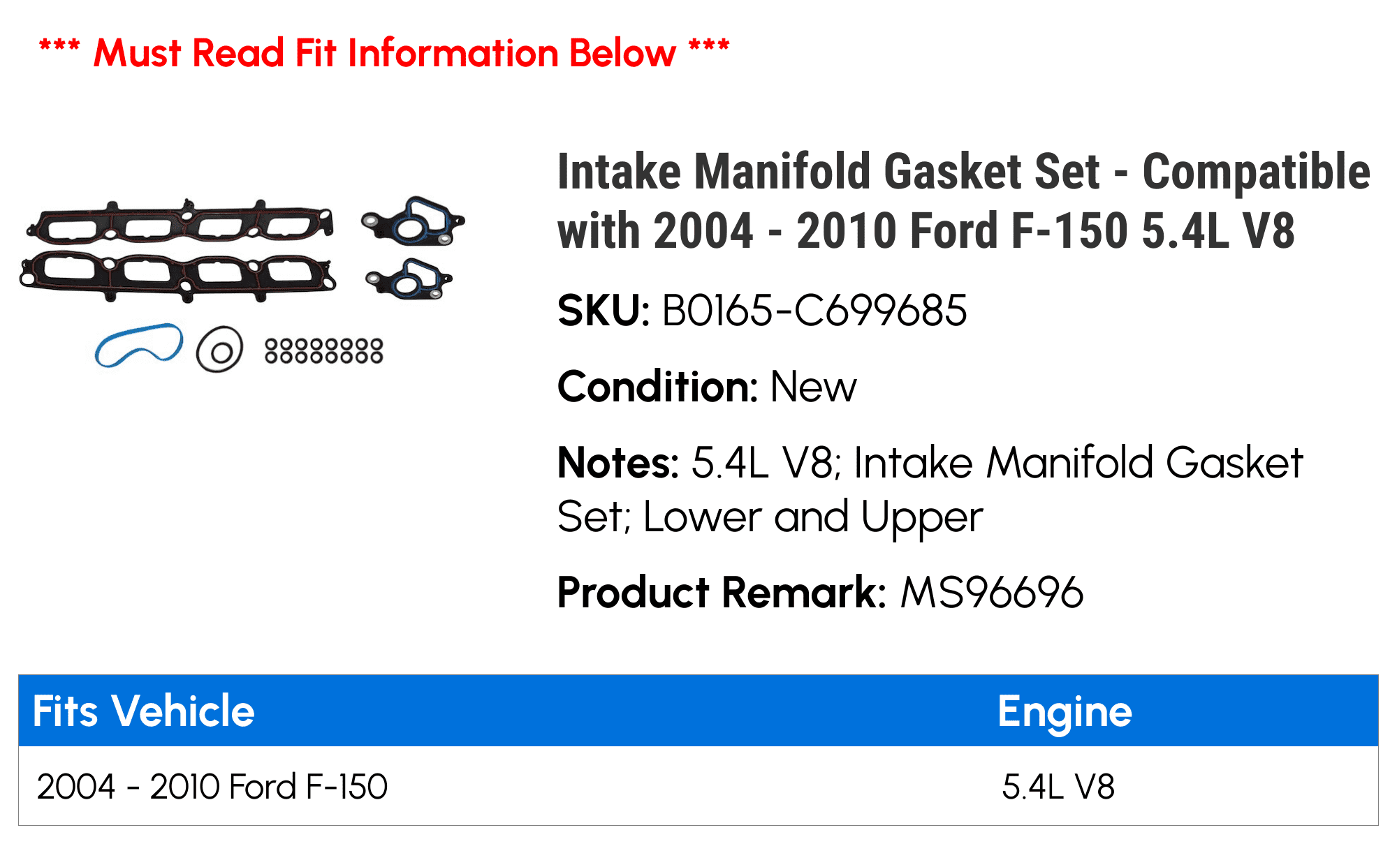 Intake Manifold Gasket Set - Compatible with 2004 - 2010 Ford F-150 5.4L V8 - Replacement