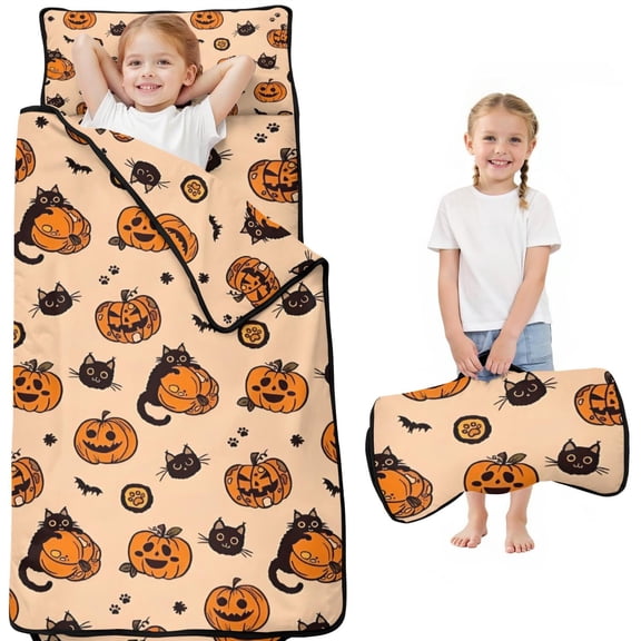 Halloween Cat and Pumpkin Pattern Toddler Nap Mats for Kids Preschool,50"x20" Sleeping Mat Bag or Kids,Toddler Sleeping Bag,Toddler Nap Mat or Daycare