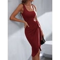 thumbnail image 5 of Women U Neck Sleeveless Wide Shoulder Straps Bodycon Dresses Waist Tie Knot Midi Dresses Wine Red S, 5 of 9