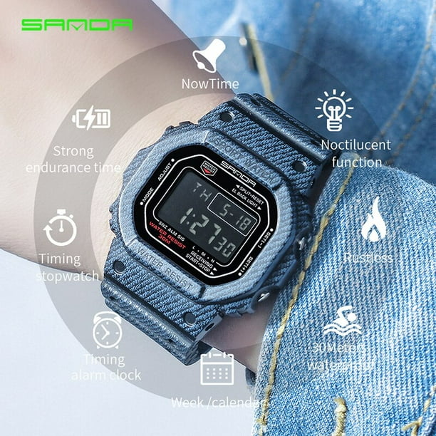 SANDA Couple Sports Watches Waterproof Casual LED Digital Denim
