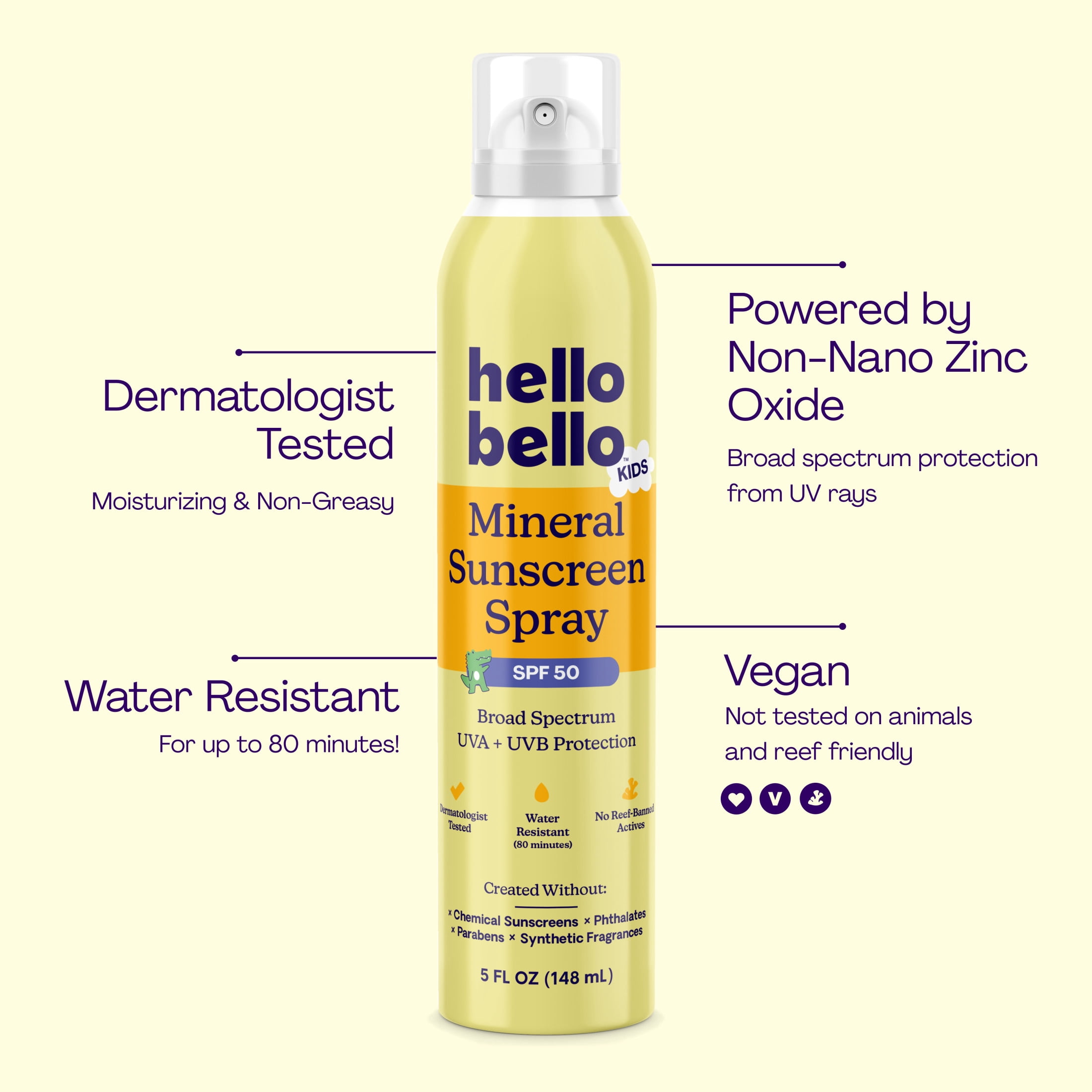 Hello Bello Mineral SPF 50 Sunscreen, Reef-Friendly Spray for Kids and Adults, 5.0 fl oz