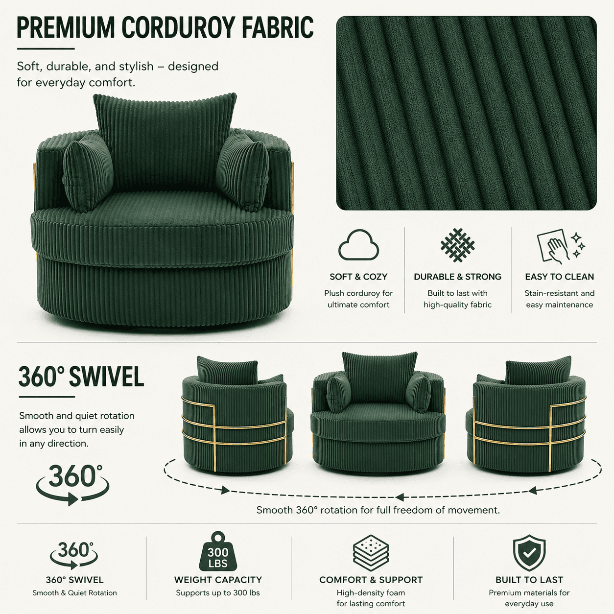 MOONMISS Swivel Barrel Accent Chair with Hidden Storage,Corduroy Round Single Sofa,Gold Metal Frame,for Living Room Reading Nook,Green