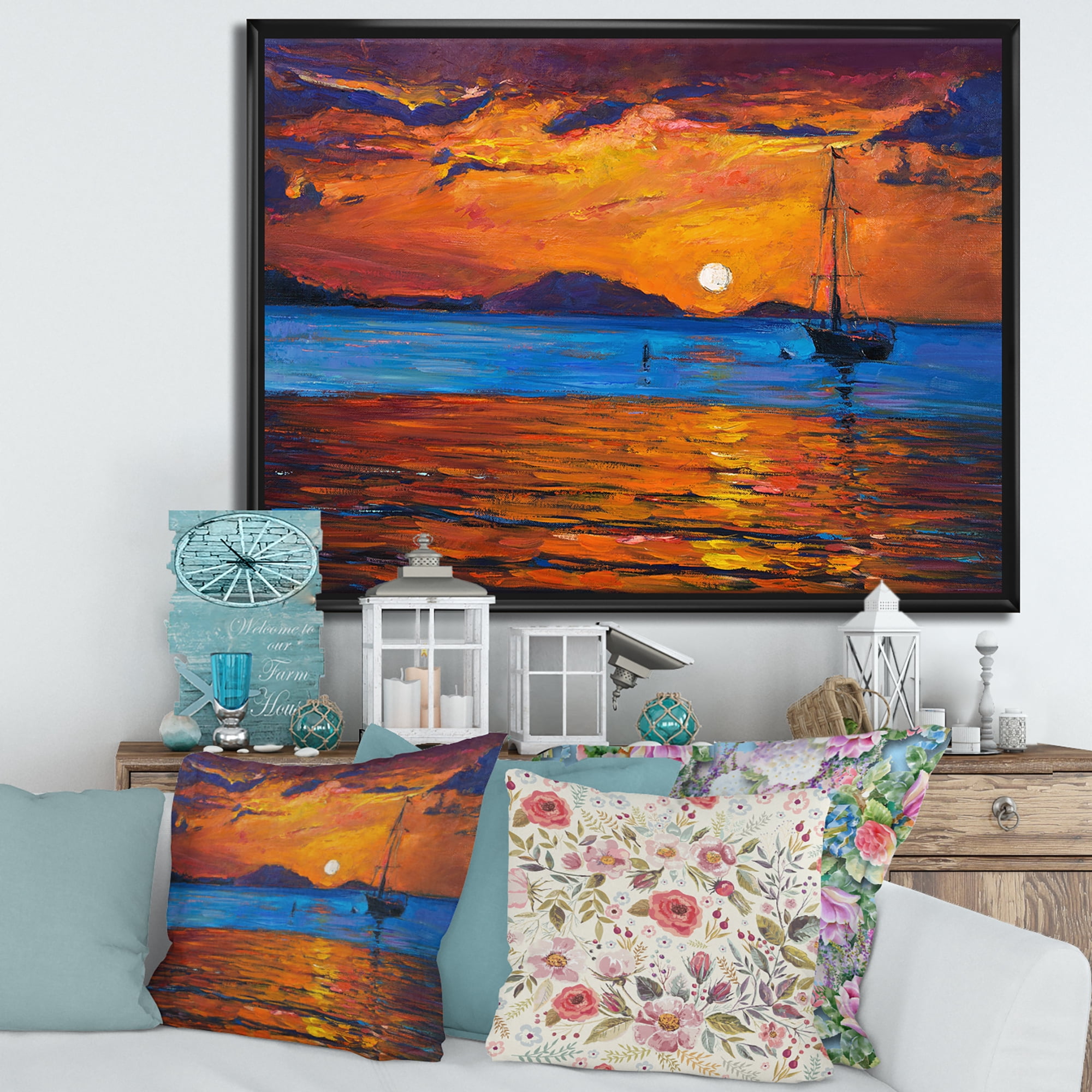Designart 'Boat At The Lake During Evening Glow IX' Nautical & Coastal Framed Canvas Wall Art Print