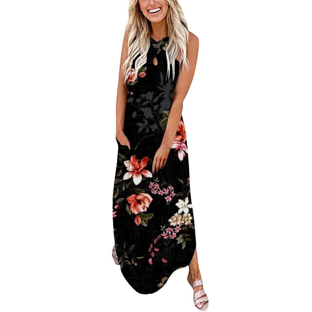SMihono Robe Maxi Bohème d'Été pour Femmes Grande Taille Design Décontracté Robe Longue Sans Manches Col en V Robe de Plage