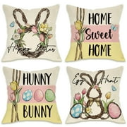 Fahrendom Happy Easter Hunny AIF4Bunny Decorative Throw Pillow x Set of 4, Home Sweet Home Rabbit Wreath Porch Patio Outdoor Pillowcase, Egg Hunt Tulip Flower Stripes Cushion Case Home Decor
