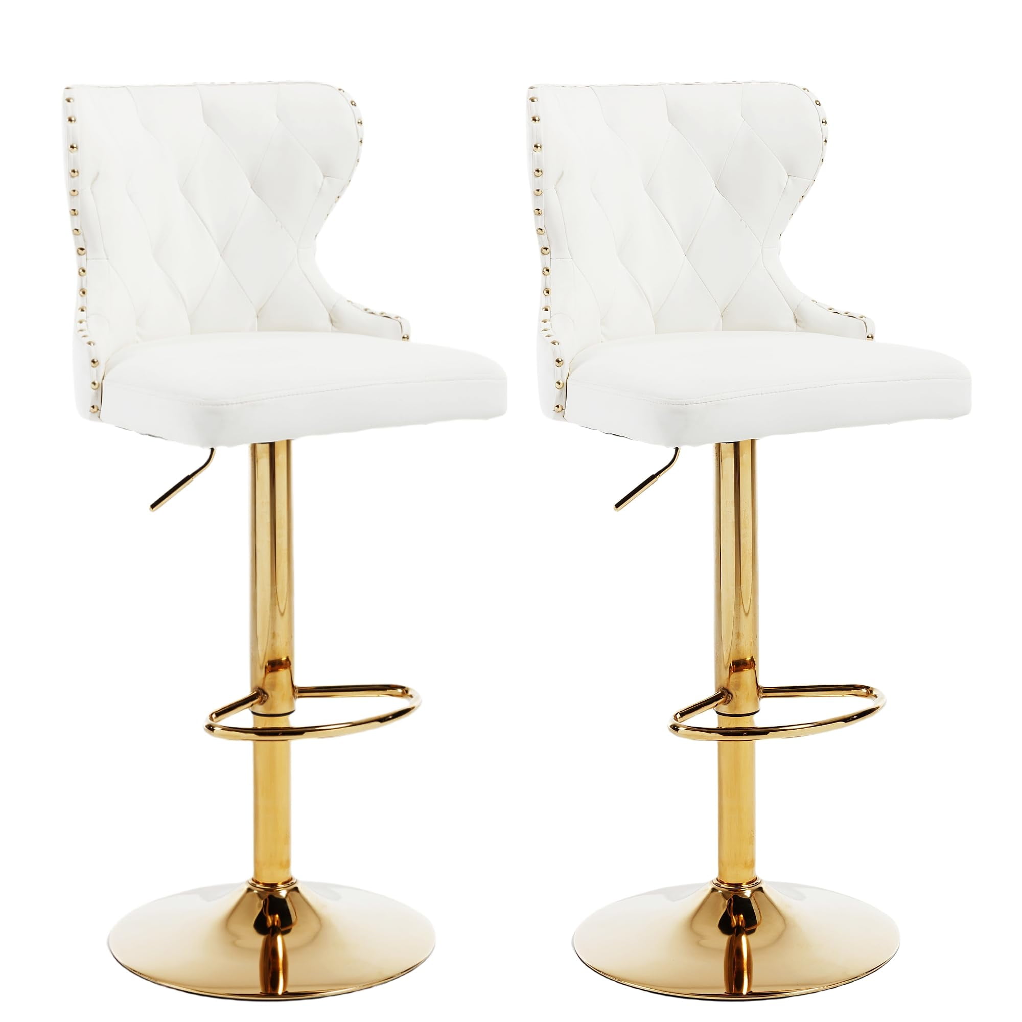 Set of 2 Adjustable Swivel Bar Stools, Faux Leather Upholstered Counter Height Chairs with Nailhead Trim, Golden Footrest, Golden Legs, and High Back for Kitchen Island, Home Bar, Dining Room, White