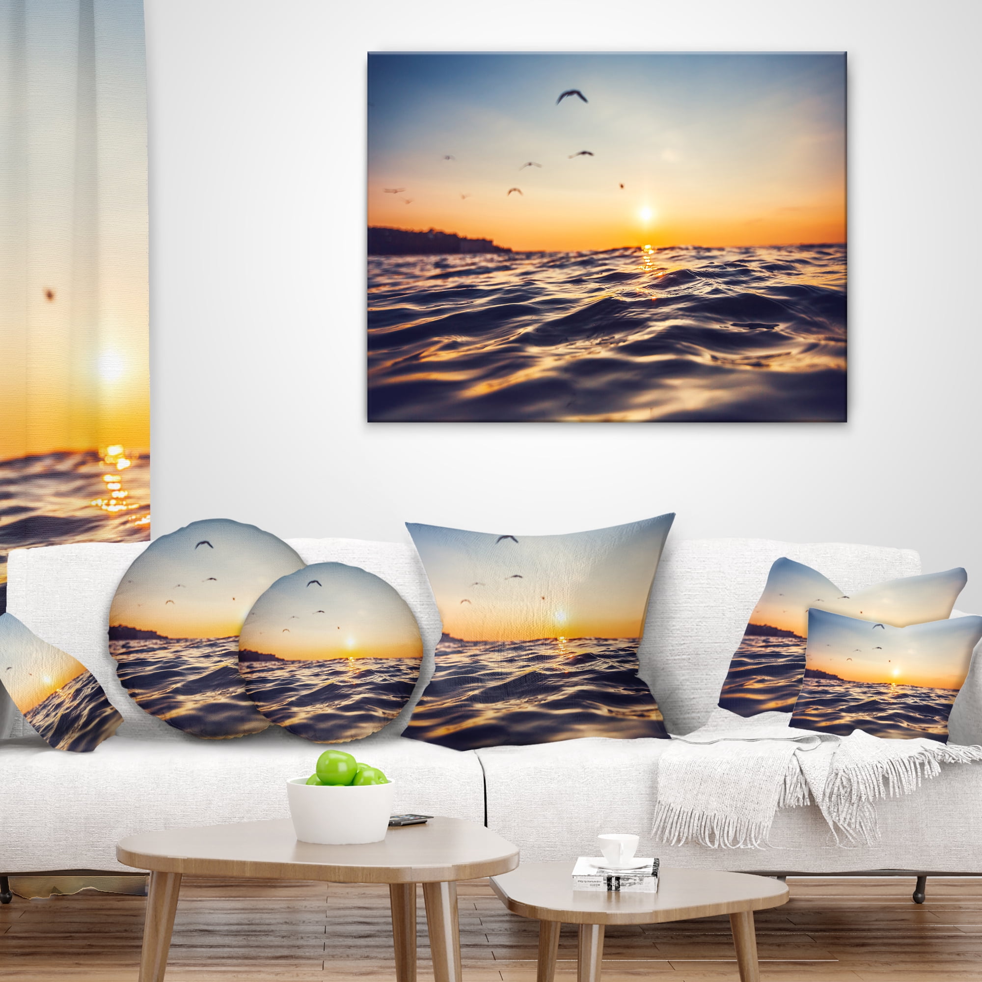 Designart Orange Tinged Sea Waters at Sunrise - Beach Photo Throw Pillow - 16x16