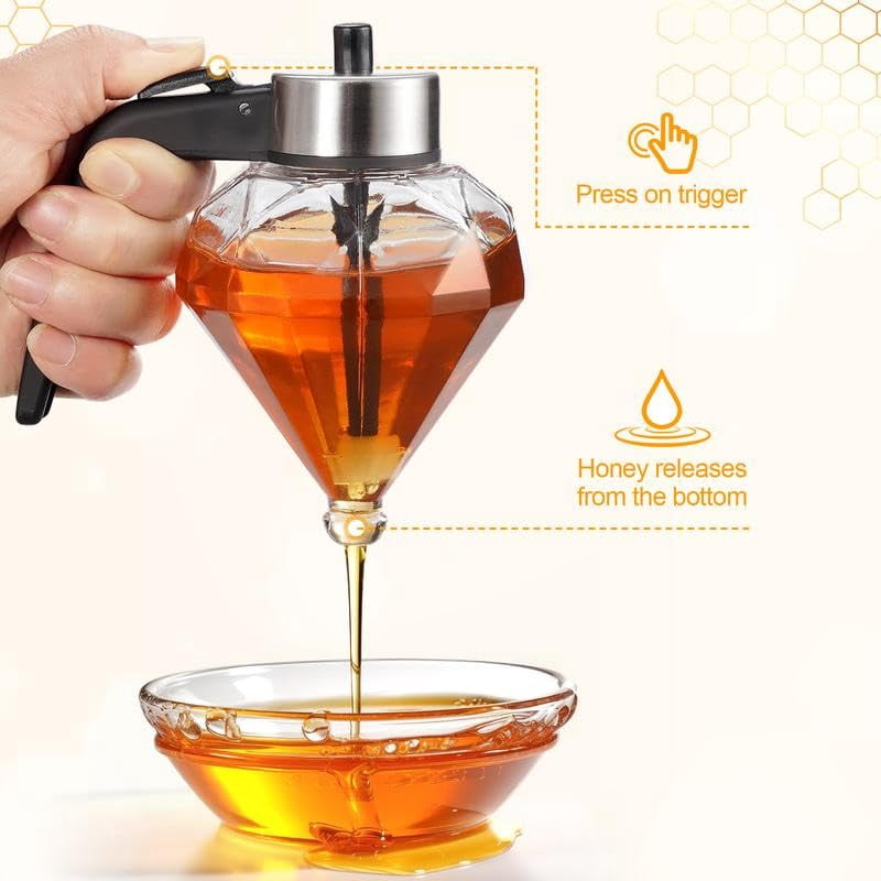 No-Drip Glass Honey Dispenser with Plastic Stand Bee Decorative Honey Storage Jar, Syrup Dispenser for Honey, Syrup - 8 oz-glass food containers for kitchen,best gift
