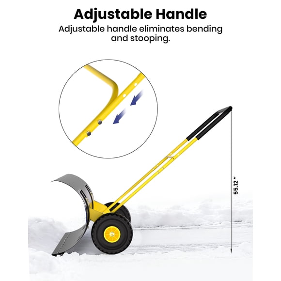 Déneigement Efficace – Pelle à Neige en Acier Robuste de 36 Pouces avec Roues Tout-Terrain, Lame Multi-Angle Ajustable et Poignée Ergonomique à 5 Hauteurs – Entrées, Trottoirs, Cours – Jaune, Grande Tige Double