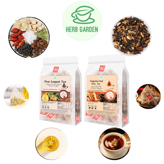 Pear Loquat Tea (250g  8.8oz, 50 teabags) & Tangerine Peel with Pu'er Tea (150g 5.3oz, 50 teabags)  Natural Whole Material, healthy herb tea. Supports Clean Lungs & Relieve Coughs Throat Comfort