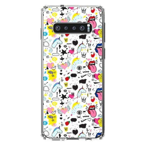 DistinctInk Clear Shockproof Hybrid Case for Samsung Galaxy S10 (6.1" Screen) - TPU Bumper, Acrylic Back, Tempered Glass Screen Protector - Girl Power - Unicorn Crowns Loud Mouth