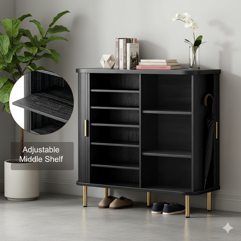 TiramisuBest Shoe Storage Cabinet with Sliding Door, 47" Mid-Century Modern Shoe Rack for Entryway, 6-Tier Shoes Organizer with Adjustable Shelves for Hallway & Living Room (Black)