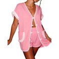 thumbnail image 3 of Womens 2 Piece Set Fringed Trim Short Sleeve Vneck Button Up Top Shorts Lounge Set with Pockets Pink M, 3 of 7