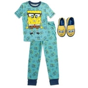 SpongeBob SquarePants Boy's Pajama Set with Slippers,Short Sleeve Top and Pants with Slippers