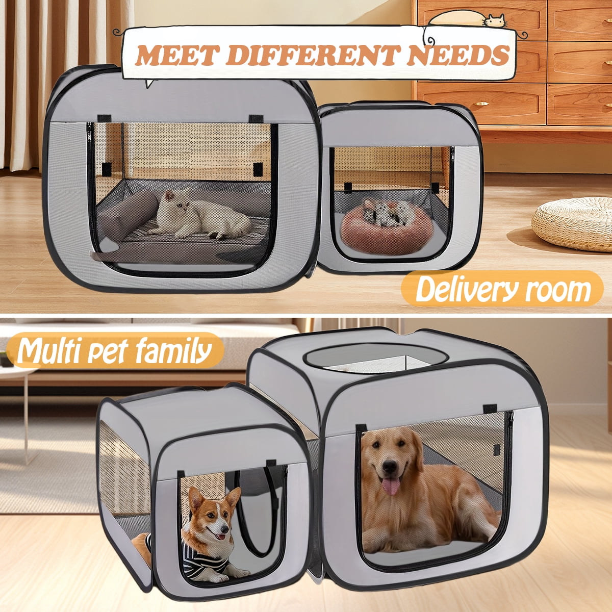 2-in-1 Dog Playpen Cat Pet Playpen, Assembly-Free Indoor Outdoor Kitten Enclosure, Kitten Pen Cat Cage Portable Puppy Tent Crates Kennel for Small Animals