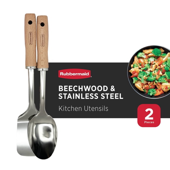 Rubbermaid 2 Pc Kitchen Utensils Set | Durable Cooking Spoon & Solid Turner Spatula | Rubberwood Handle Stainless Steel Kitchen Tools | Essential Cookware Kit