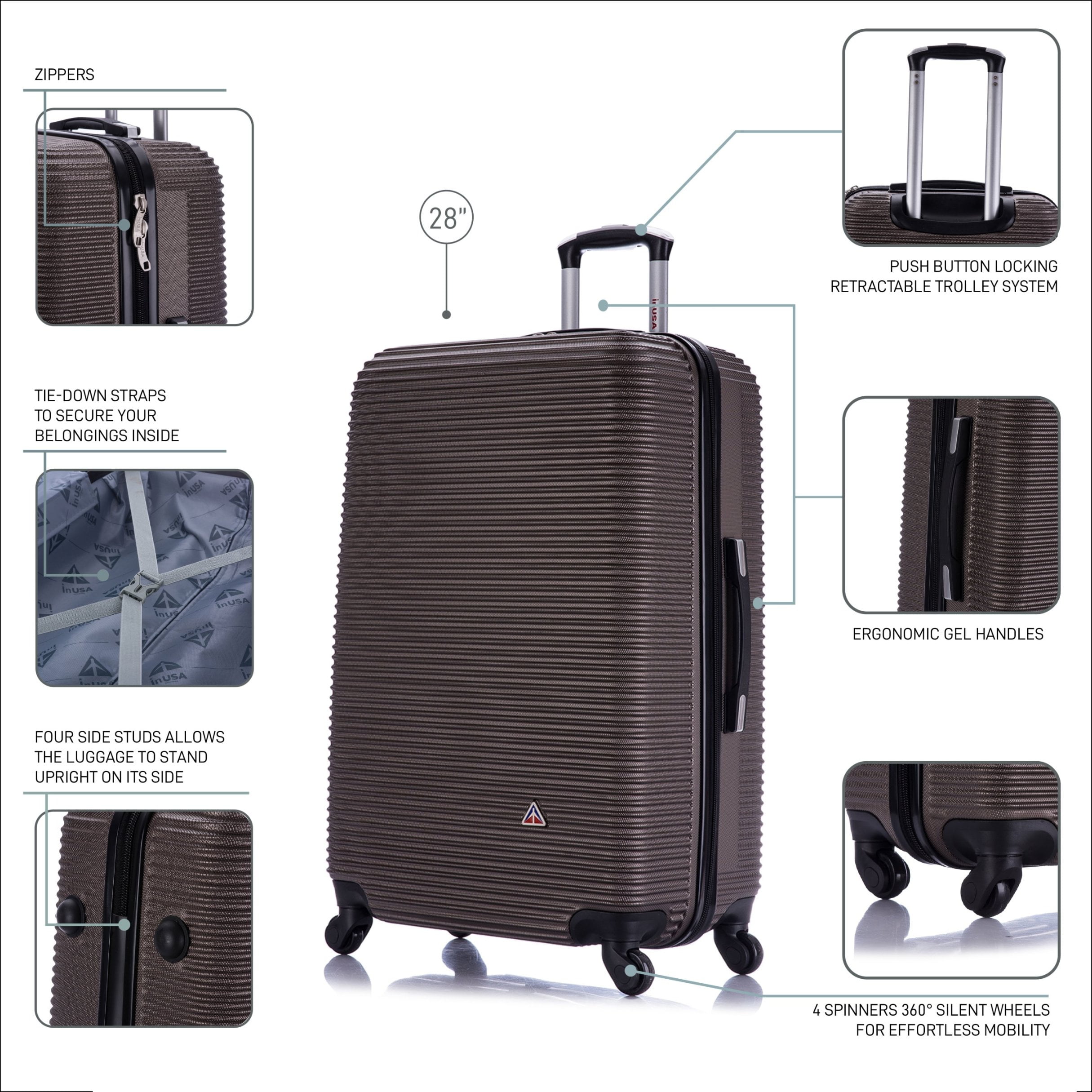 InUSA Royal 28" Hardside Lightweight Luggage with Spinner Wheels, Handle, and Trolley, Brown