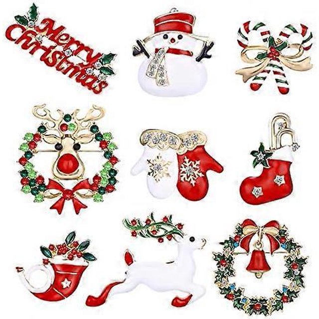 9 Pieces Christmas Brooches Pin Set Rhinestone Christmas Brooches Crystal Christmas Decorations for Clothing Gift Ornaments
