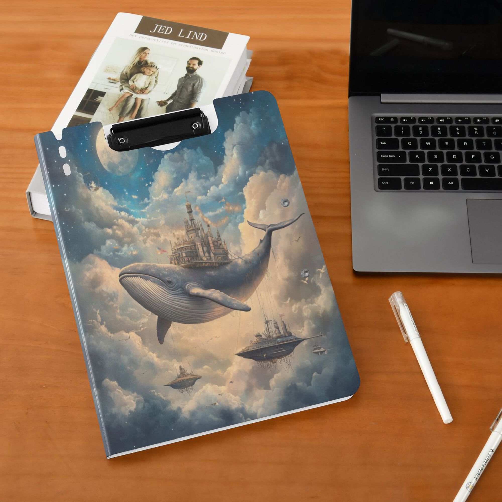 FORMRS A4 Clipboard Folder with Pen Holder Horizontal Foldable School Office Binder, Floating Whale