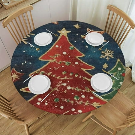 

PHYHOO Round Fitted Tablecloth with Elastic Edged Christmas Tree Gingerbread Vintage Table Cover Polyester Washable Table Cloth for Indoor Party Wedding Use 54 -58