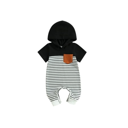 

Calsunbaby Infant Baby Boys Summer Romper Short Sleeve Hooded Striped Jumpsuit with Pocket for Newborn
