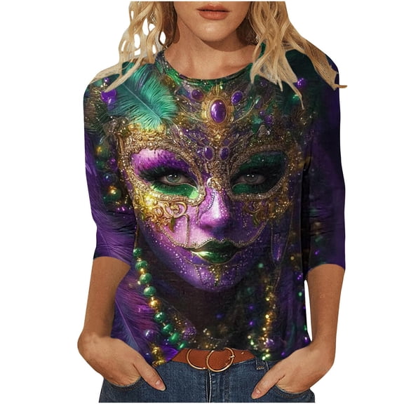 successthop Women Mardi Gras Blouse Mask Print Casual Oversized Crewneck Outfits 3/4 Sleeve Shirt Plus Size Top L