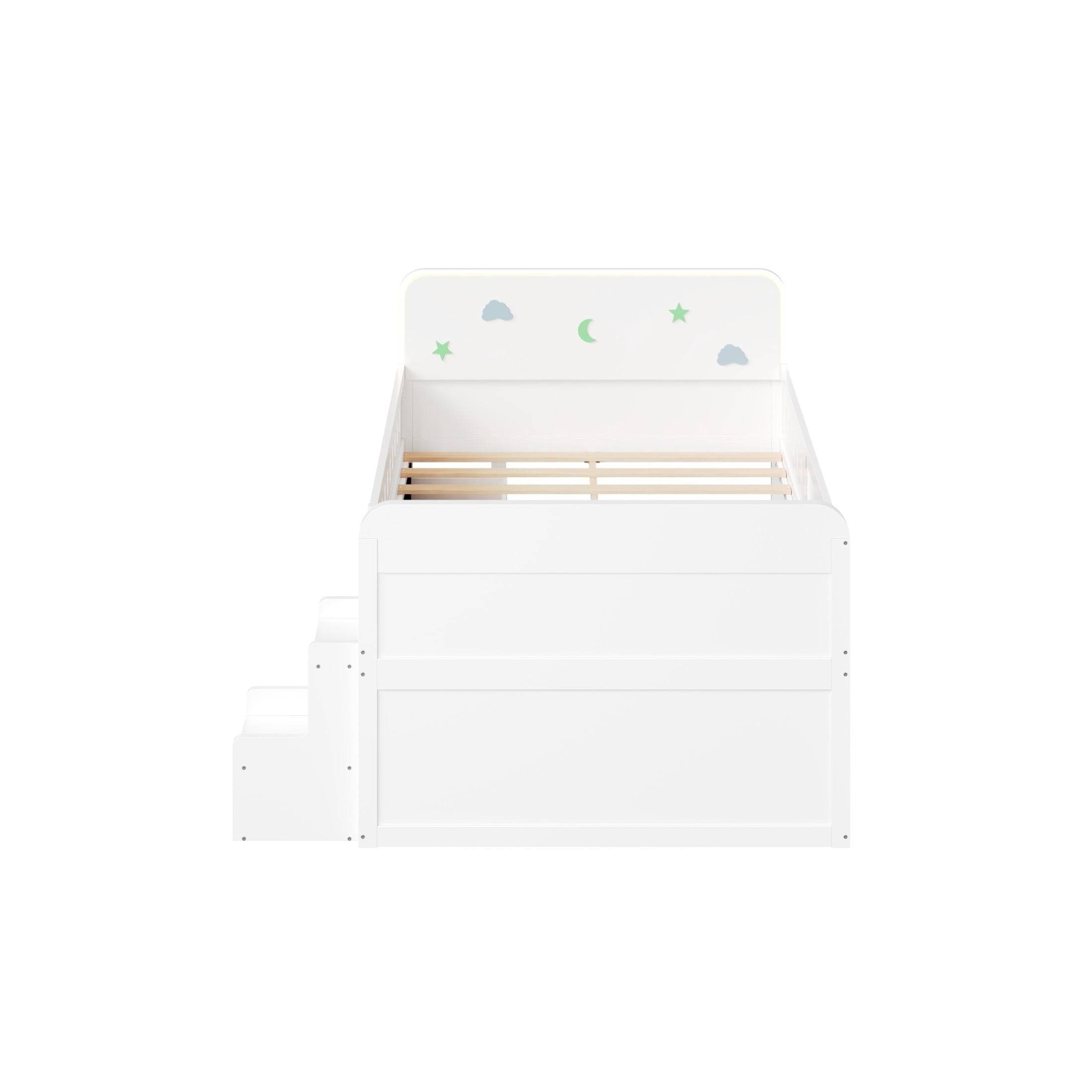 Noble House Halden Full Size Wooden Bed, Integrated LED Lighting and 4 Storage Drawers with Ladder, White