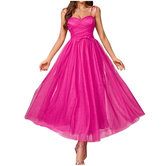 HKEJIAOI Wedding Guest Dress for Women Hot Pink Square Neck Tie Strap Backless Tulle Dress Prom Cocktail Elegant Maxi Dress, XL
