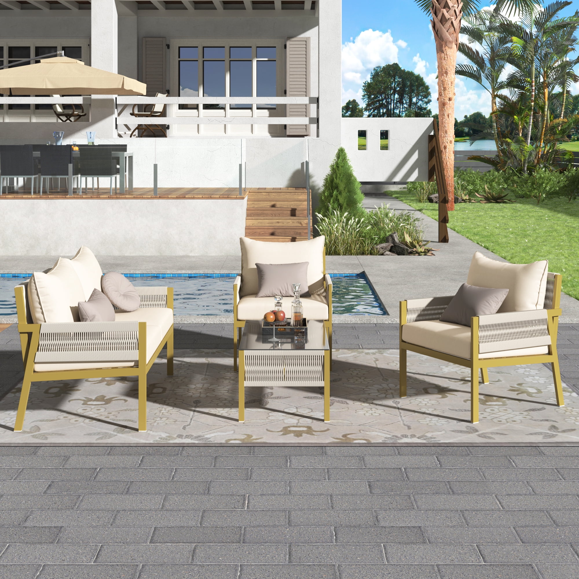 DEALTOPS 4-Piece Rope Patio Furniture Set, Outdoor Furniture with Tempered Glass Table, Patio Conversation Set Deep Seating with Thick Cushion for Backyard Porch Balcony-Beige&Mustard Yellow