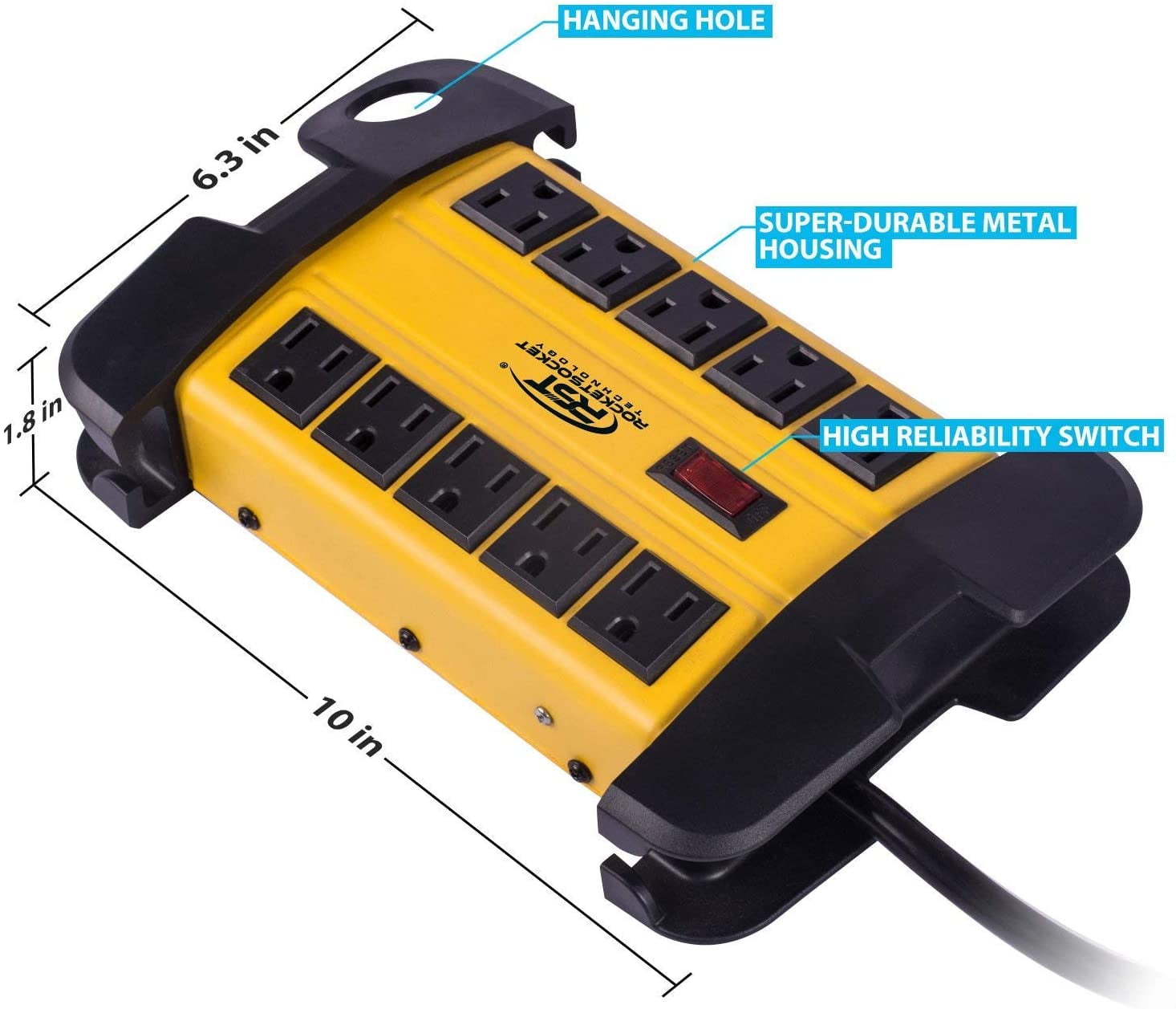 CRST 10 Outlets Metal Power Strip Heavy Duty Surge Protector 2800 Joules with 15FT Long Extension Cord for Workshop Office Garage Kitchen, ETL Listed