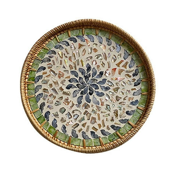 Wartleves Bandeja redonda de ratán con incrustaciones de nácar, bandeja de mosaico tejida a mano con base de madera para mesa de centro, bandeja decorativa de mimbre lacado, cesta para alimentos