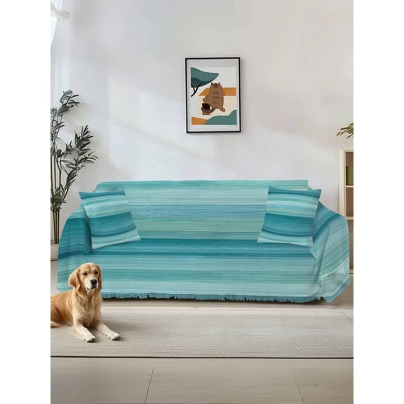 Teal Turquoise Aqua Ombre Couch Cover for 2 Cushion Sofa, Contemporary Abstract Lines Washable Loveseat Sofa Covers Slipcover for Sectional Sofas L-Shaped, Couch Throw Cover 71"x118"