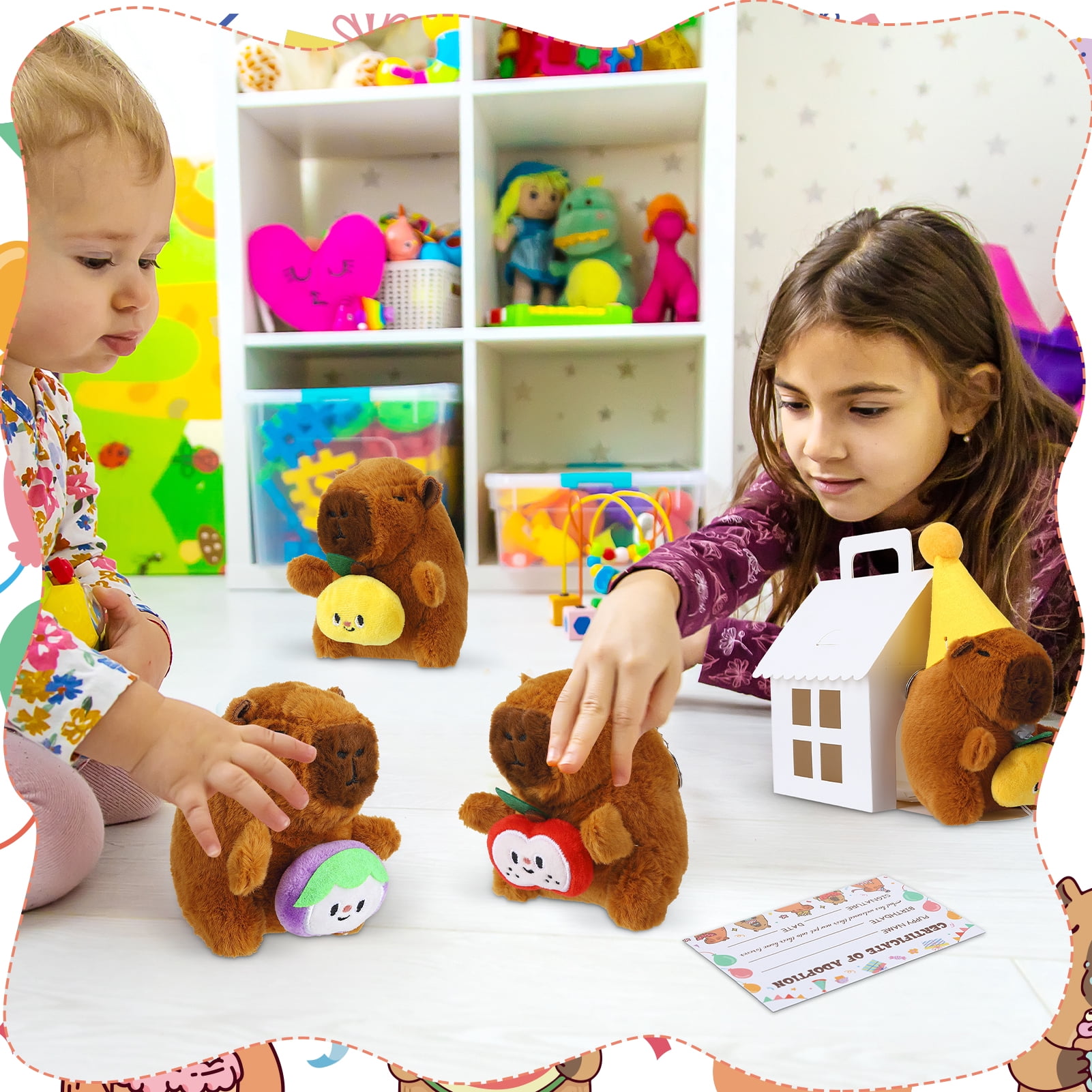 KABOER 103 Pcs Adopt An Animals Party Favor, Capybara Themed Include 12 Pcs 4.72 inch Stuffed Capybara, Adoption Card, Birthday Hats, Paper Boxes and Stickers for Party Supplies Birthday Gifts
