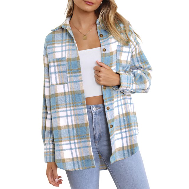 Txlixc Blusa de mujer, chaqueta de camisa de botón de manga larga con solapa a cuadros, traje de otoño de mujer Txlixc moda
